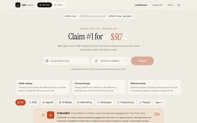 Screenshot of out.auction — rank is the bid