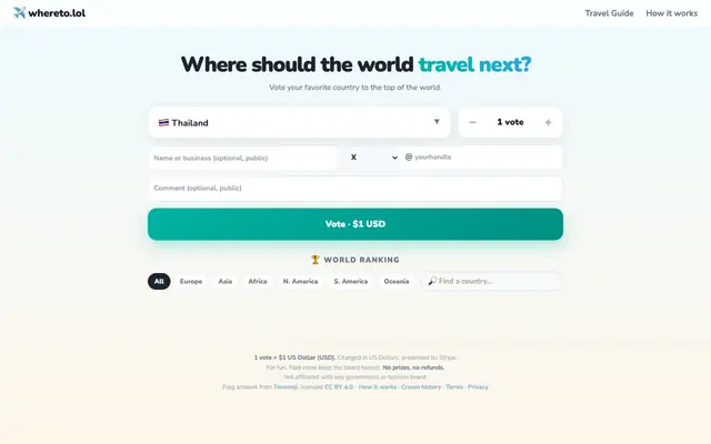Screenshot of whereto.lol · where should the world travel next?