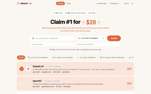 Screenshot of aiboard.lol — pay to rank AI products