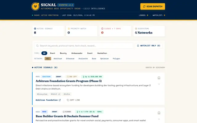 Screenshot of SIGNAL — Web3 Opportunity Dispatch