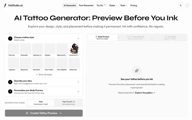 Screenshot of AI Tattoo Generator for Professional Designs | InkStudio.ai