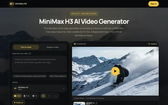 Screenshot of MiniMax H3 AI Video Generator Online