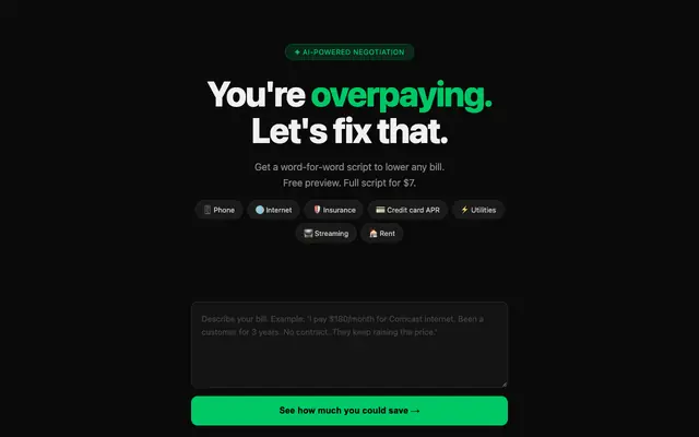 Screenshot of Lower My Bill — AI Negotiation Scripts