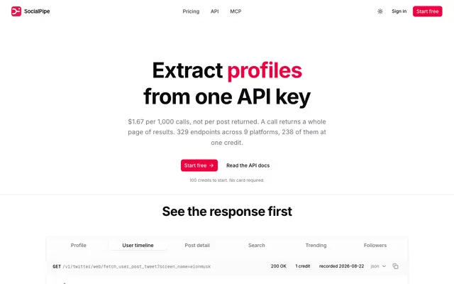 Screenshot of X (Twitter) API — profiles, timelines, search | SocialPipe