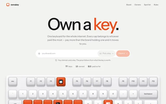 Screenshot of ownakey — Own a key on the internet's keyboard.
