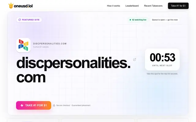 Screenshot of oneusd.lol — $1. You're #1 for 60 seconds.