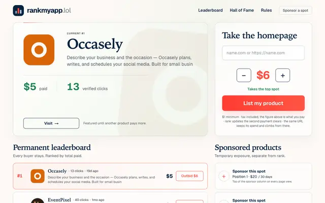 Screenshot of RankMyApp — The paid leaderboard for shipped software.