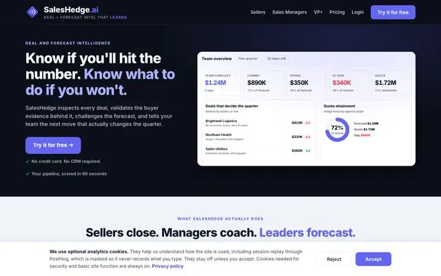 Screenshot of SalesHedge | AI Deal + Forecast Intel That Learns