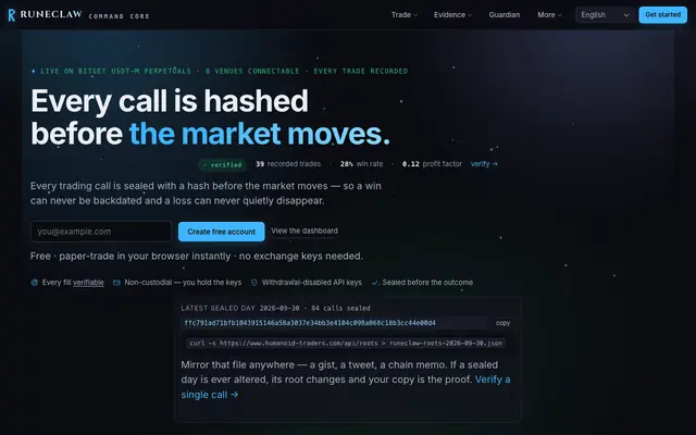 Screenshot of RUNECLAW — AI Trading by Humanoid Traders