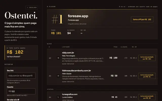 Screenshot of Ostentei. — o placar de quem pagou pra aparecer