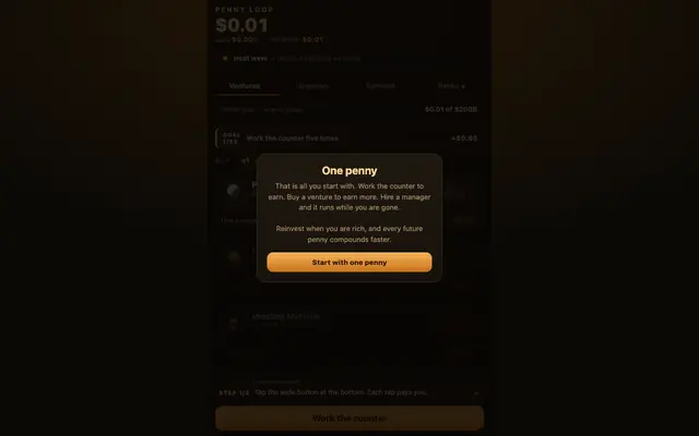 Screenshot of Penny Loop — compound one penny into an empire