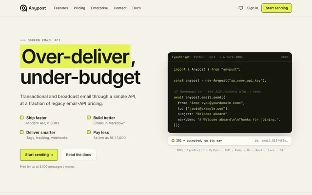Screenshot of Transactional and broadcast email service - Anypost