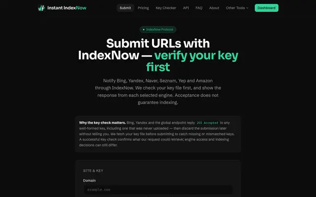 Screenshot of Submit URLs via IndexNow: Verified First | InstantIndexNow