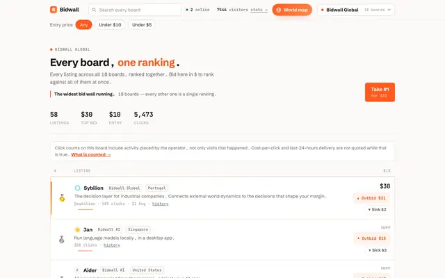 Screenshot of Bidwall Global — the ranked board