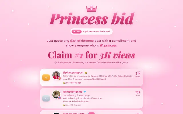 Screenshot of princessbid.lol — the compliment leaderboard
