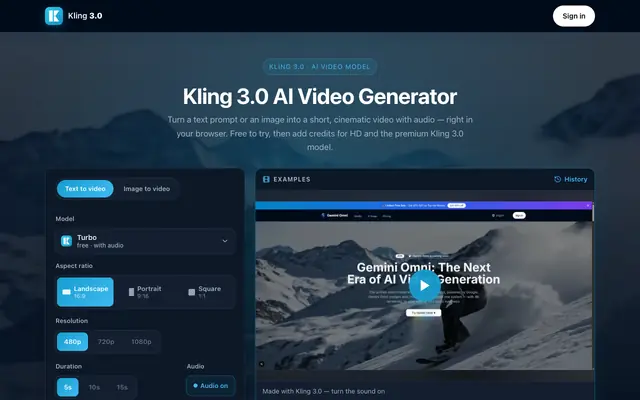 Screenshot of Kling 3.0 AI Video Generator — Text & Image to Video