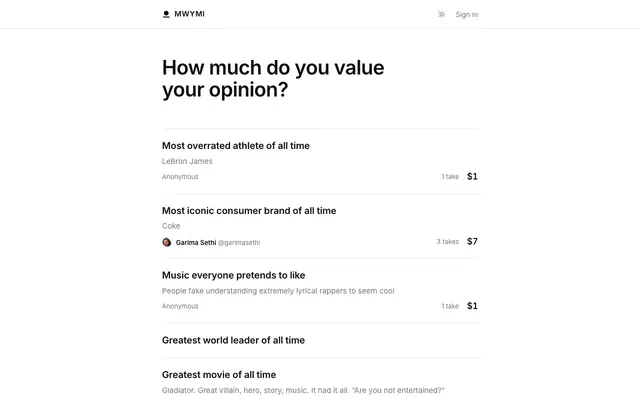 Screenshot of MWYMI — How much do you value your opinion?