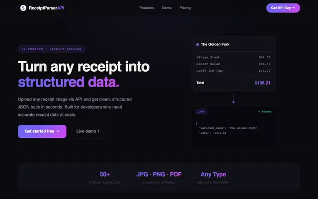 Screenshot of ReceiptParser API — Turn Any Receipt Into Structured Data