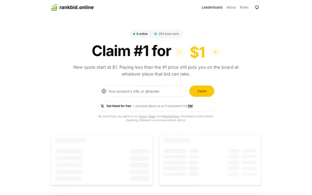Screenshot of rankbid.online - Public Website Leaderboard & Promotional Directory