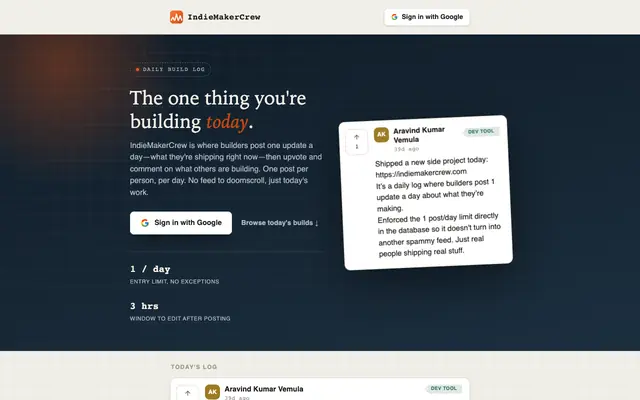 Screenshot of IndieMakerCrew — One entry a day for indie builders