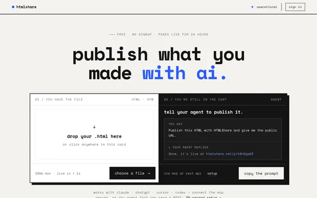 Screenshot of htmlshare — drop an html file. get a link.