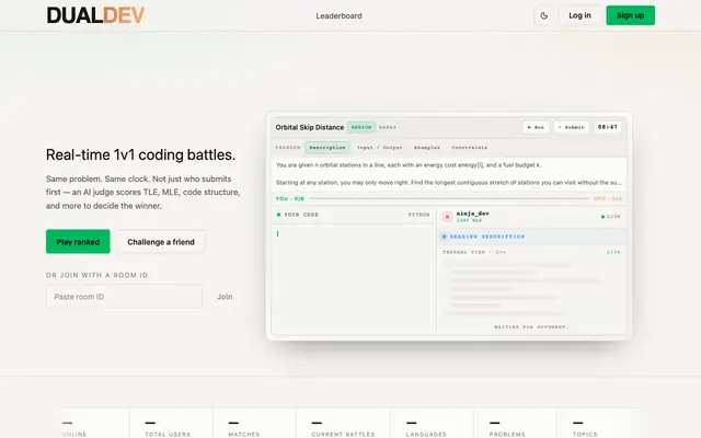 Screenshot of DualDev — Real-time 1v1 coding battles
