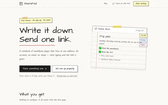 Screenshot of SharePad — Share notes with one link, no signup