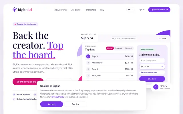 Screenshot of BigFan | Support creators and top the fan board