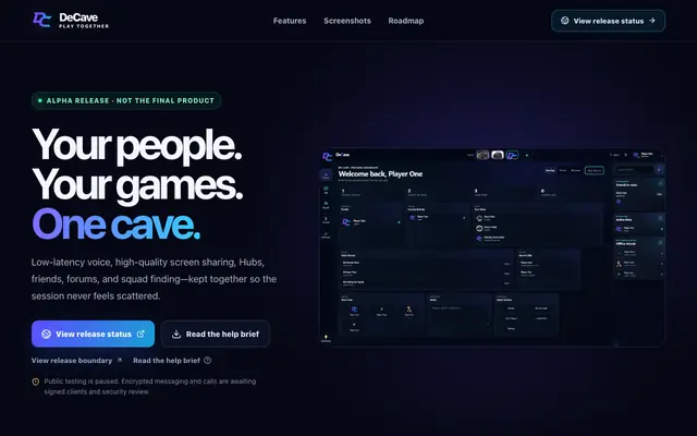 Screenshot of DeCave — Your people. Your games. Your Cave.
