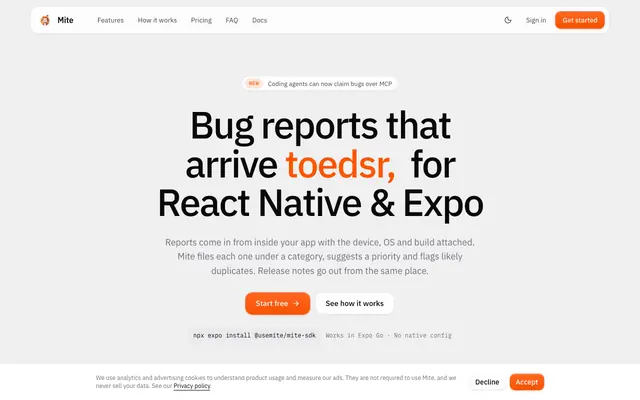 Screenshot of Mite: In-App Feedback & Bug Reports for Expo & React Native