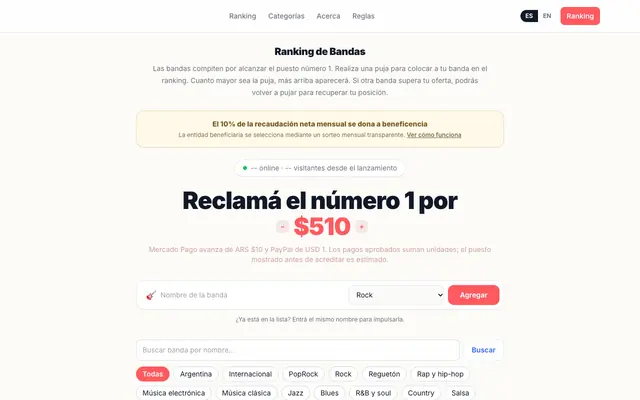 Screenshot of BandasBid — Tu banda. Tu apoyo. El puesto #1.