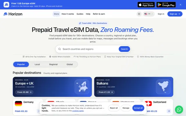 Screenshot of Travel eSIM Plans: Country, Regional & Global | Horizon