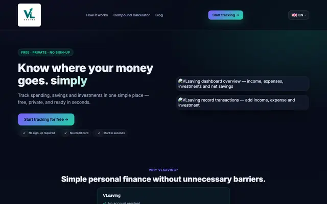 Screenshot of VLsaving — Track Income, Expenses & Investments Privately