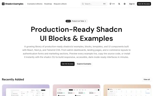 Screenshot of Shadcnexamples: Shadcn UI Components and Blocks