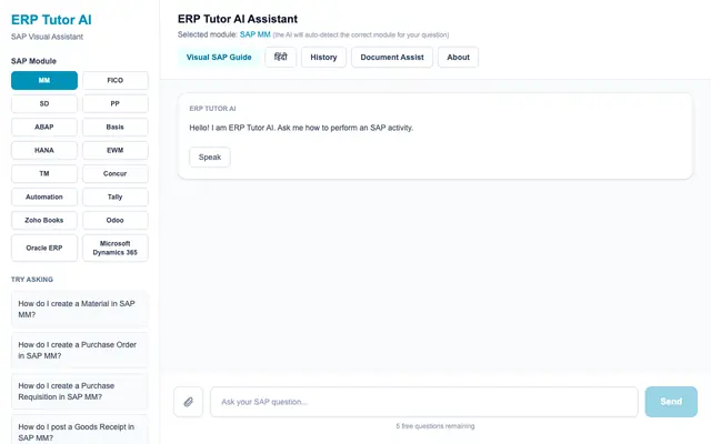 Screenshot of ERP Tutor AI - Learn SAP Free | SAP Tutor & Step-by-Step Guide