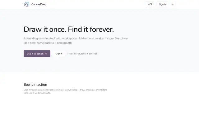 Screenshot of CanvasKeep: Draw it once. Find it forever.