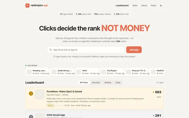 Screenshot of rankmyios.app — the iOS leaderboard ranked by clicks