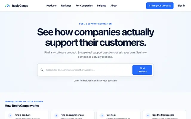 Screenshot of ReplyGauge — Verified Public Support Reputation