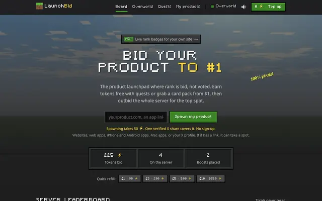 Screenshot of LaunchBid: bid your product to #1 on a live leaderboard