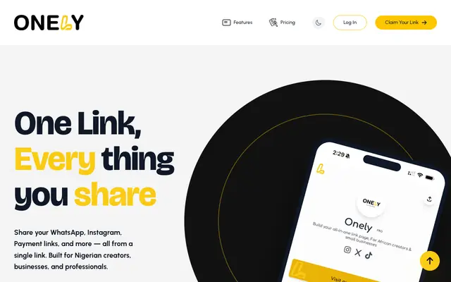 Screenshot of OneLy - One link for everything you share.