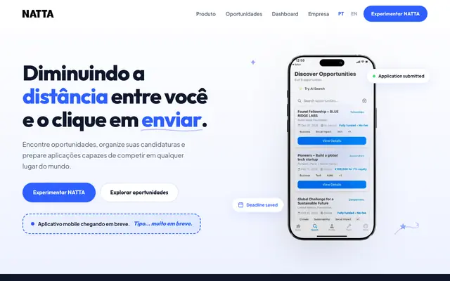 Screenshot of NATTA — Encontre oportunidades e conquiste candidaturas globais