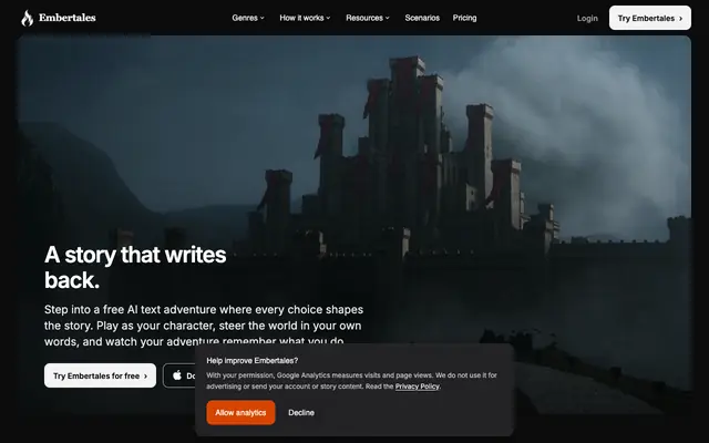 Screenshot of Embertales | Free AI Story RPG & Text Adventure Game