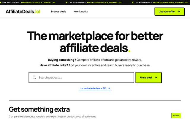 Screenshot of AffiliateDeals.lol — Compare affiliate offers