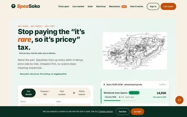 Screenshot of SpeaSoko | Every car part in Kenya, every price side by side