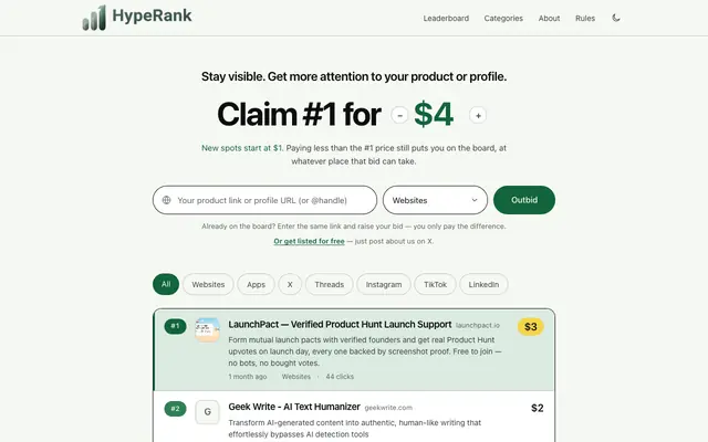 Screenshot of HypeRank — the board where the bid is the rank