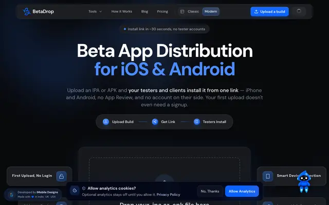 Screenshot of BetaDrop — Free Beta App Distribution for iOS & Android