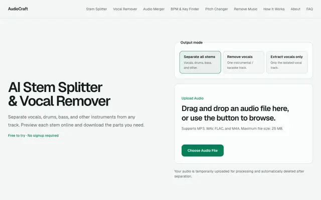 Screenshot of Free AI Stem Splitter & Vocal Remover Online | AudioCraft