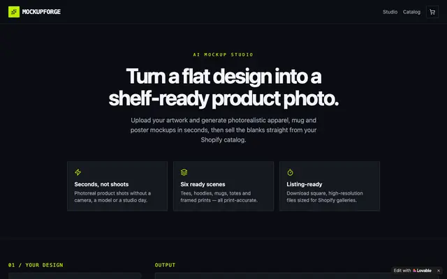 Screenshot of MockupForge — AI product mockups for your Shopify store