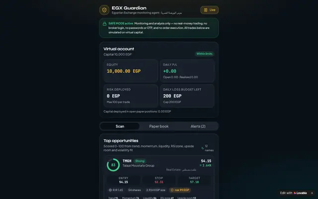 Screenshot of EGX Guardian — EGX Monitoring & Paper Trading Dashboard