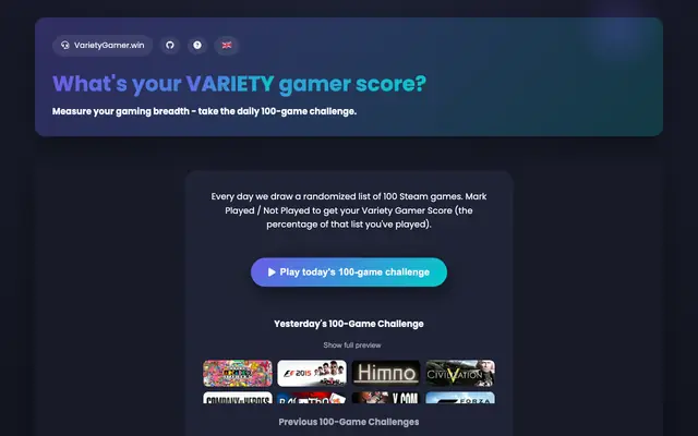 Screenshot of VarietyGamer.win - What's your VARIETY gamer score?